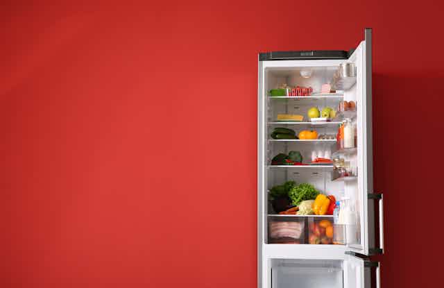 An open fridge full of fresh food against a red wall