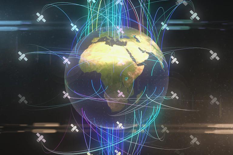 An illustration of the globe, with Africa in the centre, surrounded by illustrations of satellites circling it