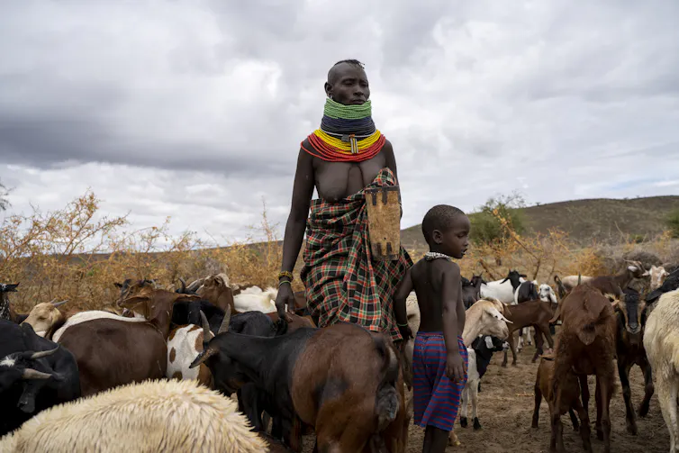 A woman and a child amongst the goats