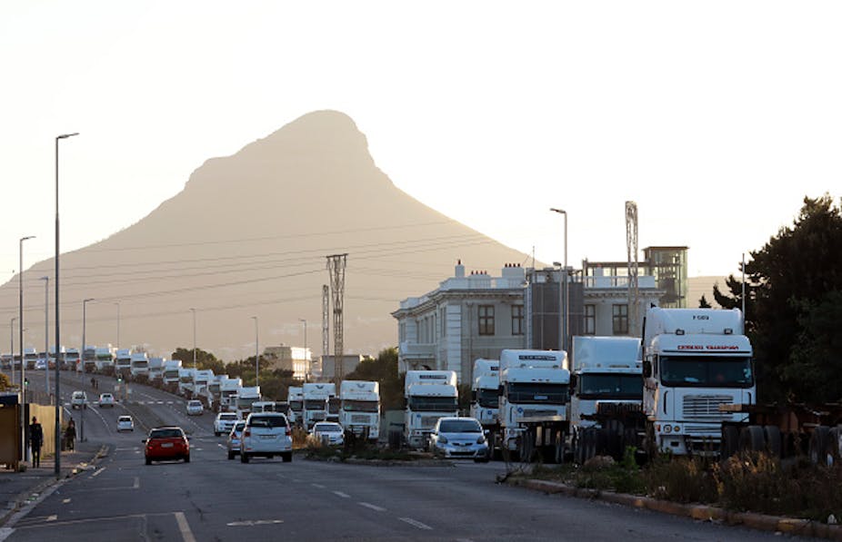 Trucks lining outside a container yard in Cape Town, South Africa. 