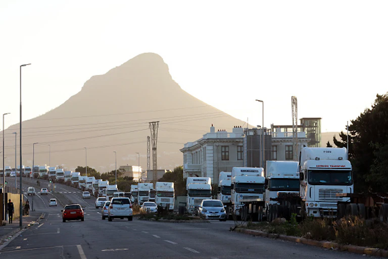 Trucks lining outside a container yard in Cape Town, South Africa.
