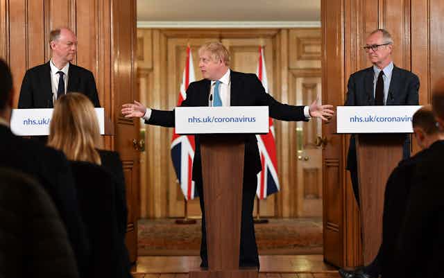Boris Johnson, Sir Chris Whitty and Sir Patrick Vallance at a Downing Street press conference 