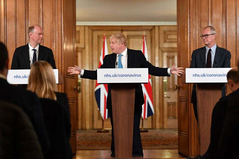 Boris Johnson, Sir Chris Whitty and Sir Patrick Vallance at a Downing Street press conference