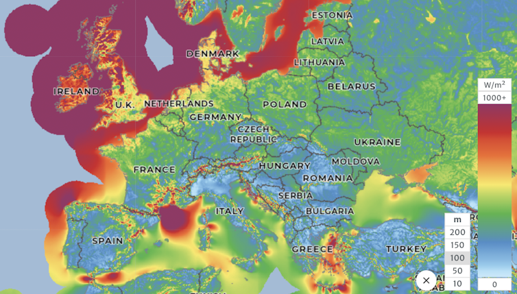 Map of Europe with purple and green shaded areas