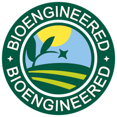 Green seal with plant graphic and 'BIOENGINEERED' text.