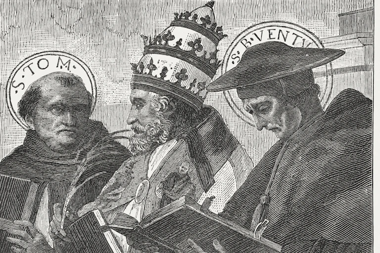 Woodcut engraving of Pope Innocent III, wearing a crown, flanked by two men, all holding texts.