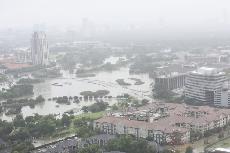 aerial view of Houston showing the extent of flooding caused by Hurricane Harvey