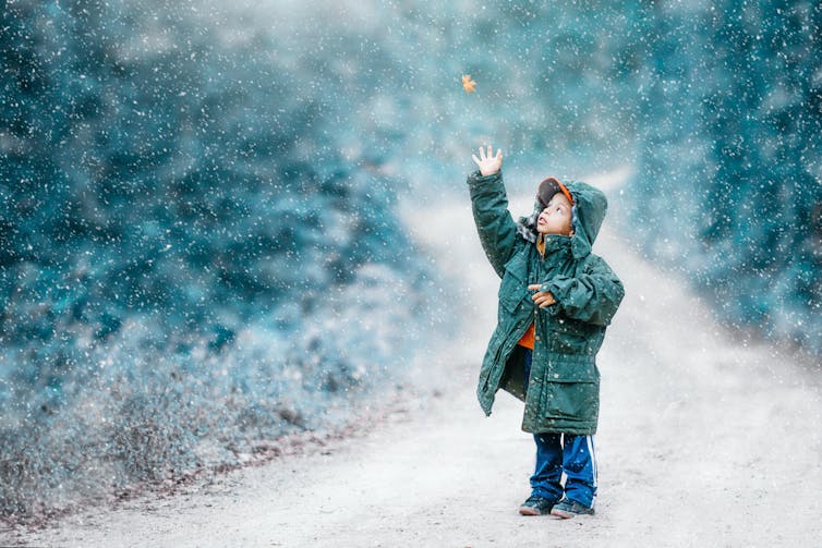 A little boy in a winter coat reaches up to catch a falling leaf in a snowy landscape.