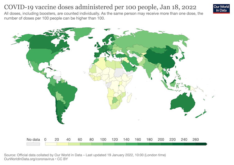 Map showing the share of people who received at least one dose of Covid-19 vaccine, Jan 18, 2022