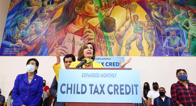 Nancy Pelosi speaks at a press conference about the child tax credit.