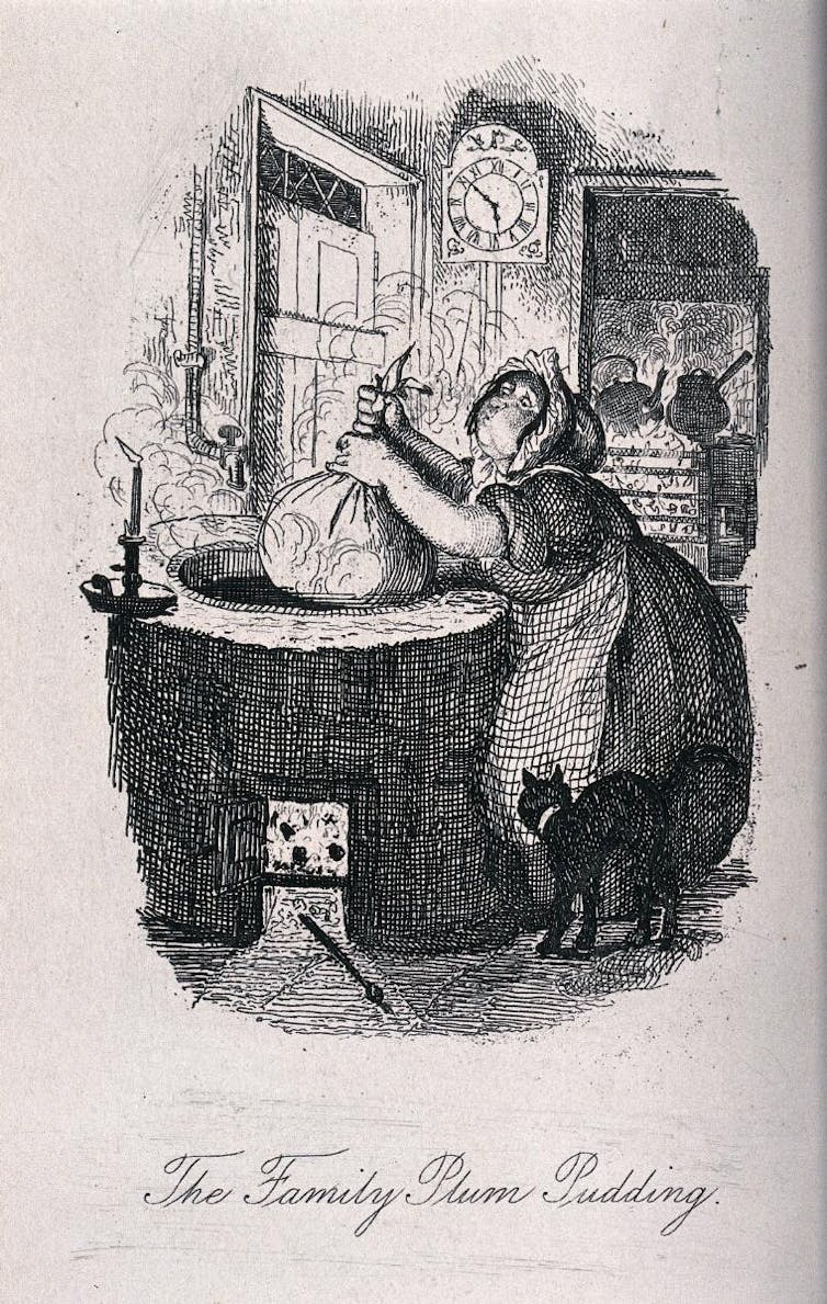 A 19th century illustration of a plum pudding being made in a cloth bag