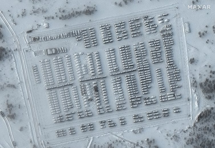 Satellite image of Russian battle groups and a vehicle park.
