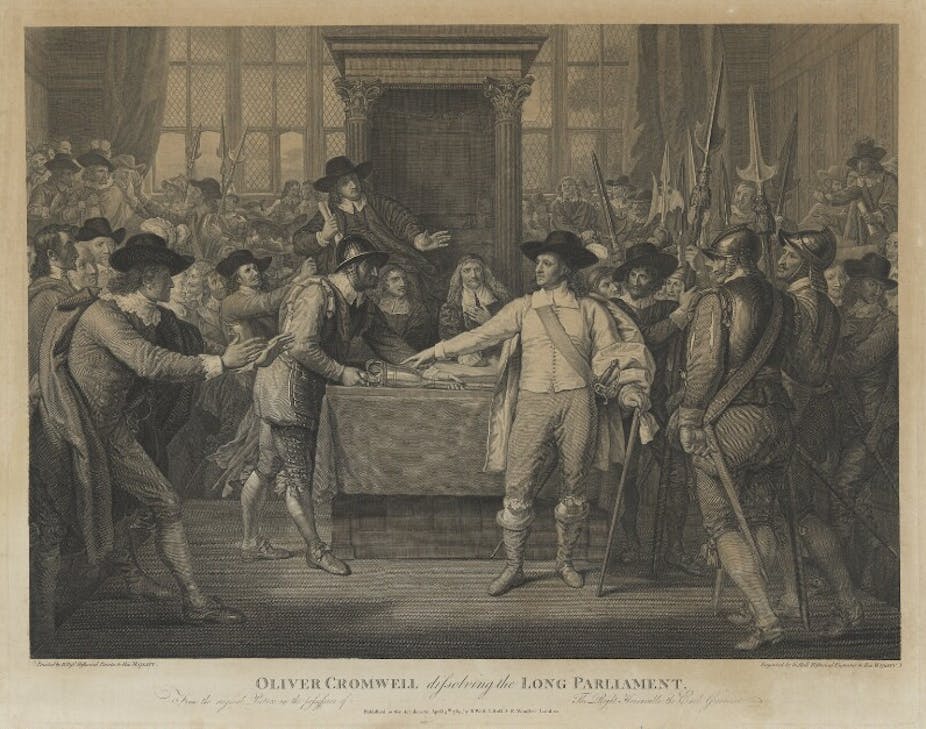 Illustration of Oliver Cromwell dissolving parliament.