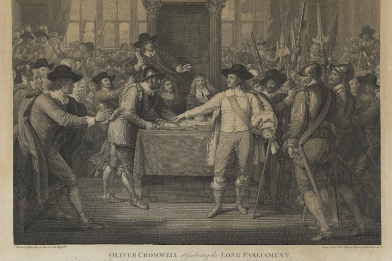 Illustration of Oliver Cromwell dissolving parliament.