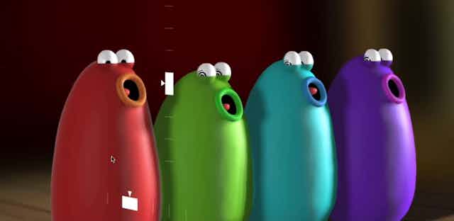 Four colourful singing blobs stand in a row.