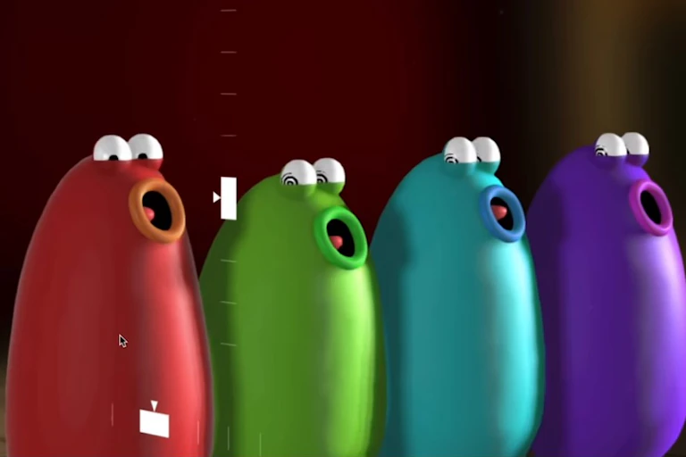 Four colourful singing blobs stand in a row.