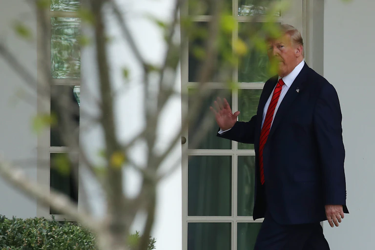 Donald Trump wearing a suit and red tie is partially obscured by a tree.