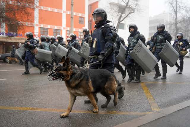 A German Shepherd is held on a leash by one of a group of men in dark blue uniforms with bulletproof vests and helmets marching down a city street