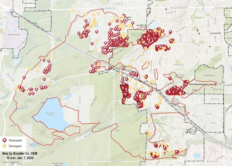 Map showing clusters of burned homes in Boulder County