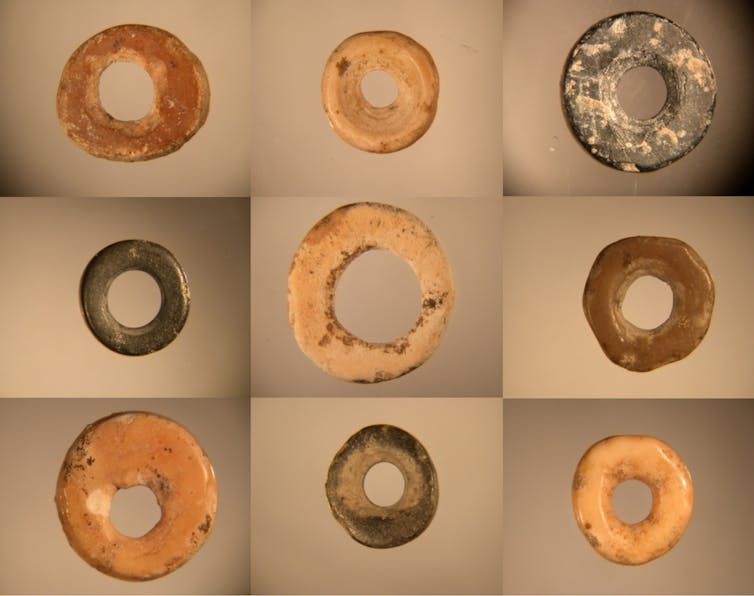 Nine disc-shaped ostrich beads