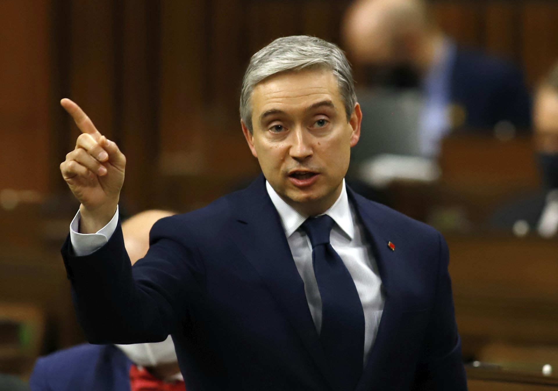 Innovation, Science and Industry Minister Francois-Philippe Champagne standing with a finger raised in the House of Commons