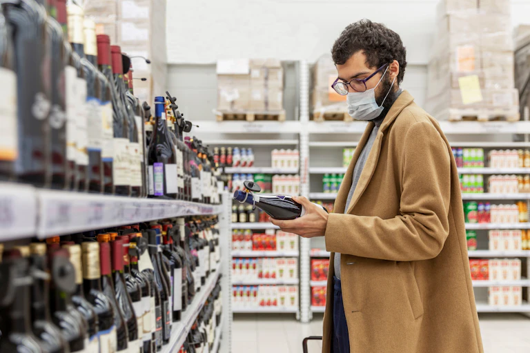A man in a mask looking at a supermarket bottle of wine
