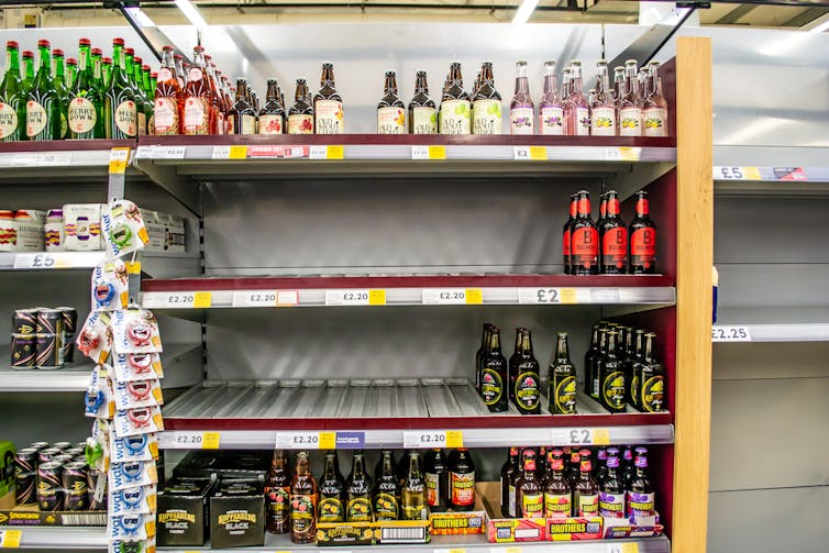 An empty shelf in a supermarket's alcohol aisle, in Rutland, England
