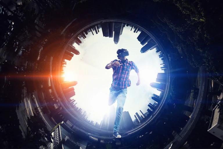 Virtual reality gamer running through a cargo hold on a spaceship