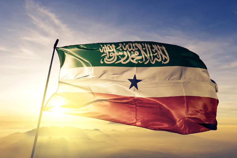 Somaliland flag on flagpole textile cloth fabric waving on the top sunrise mist fog