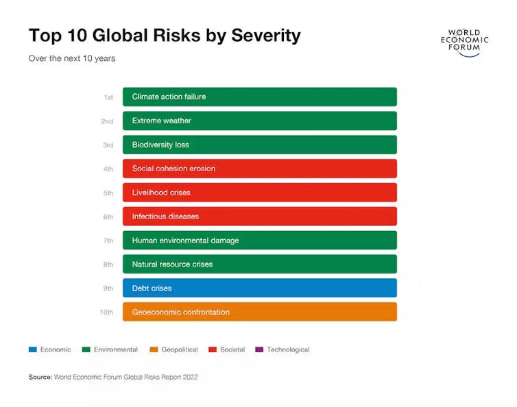A chart showing the top 10 risks to the world in the next decade