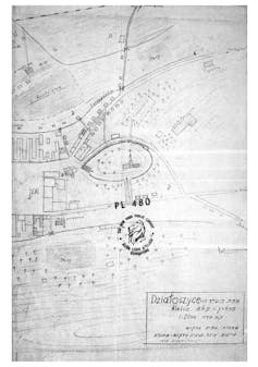 A hand-drawn map shows a small town in Poland.
