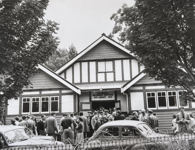 A crowd outside a mechanic's institute.