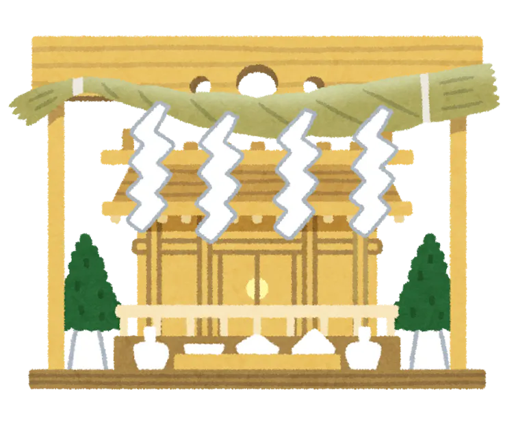 Graphic showing a Shinto altar that consists of a small cupboard on which are displayed articles of veneration.