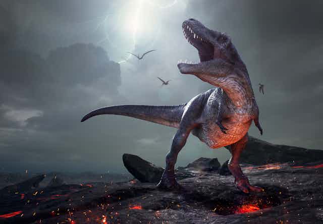 A 3D rendering of a Tyrannosaurus Rex near extinction.
