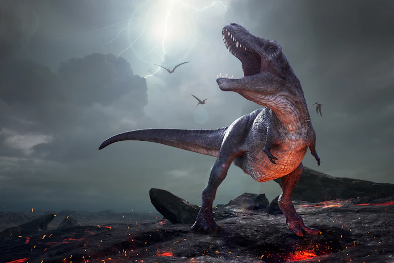 A 3D rendering of a Tyrannosaurus Rex near extinction.