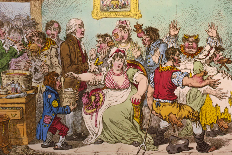 An illustration depicts people developing cow-like appendages after receiving a vaccine