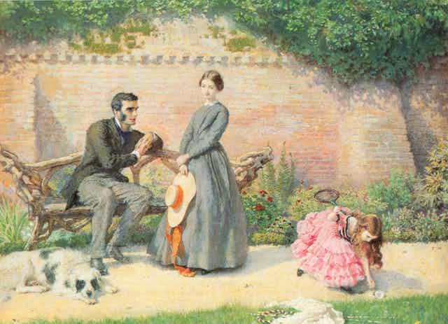 Illustration of a woman, man and child in Victorian clothing in a garden.