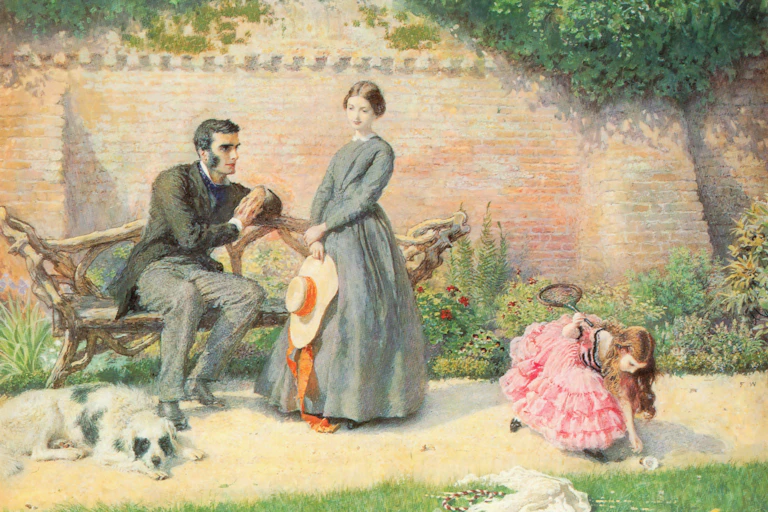 Illustration of a woman, man and child in Victorian clothing in a garden.