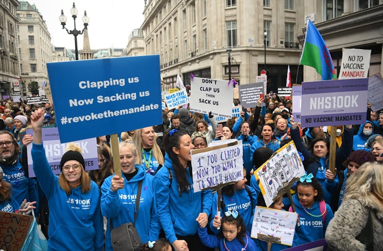 NHS workers protesting against the vaccine mandate