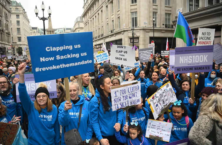 NHS workers protesting against the vaccine mandate