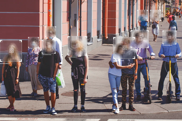 A group of people standing at a crosswalk with their faces blurred and a digital id typed underneath