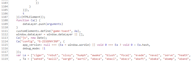 The JavaScript source code from the Wordle game showing the first items on the word list.