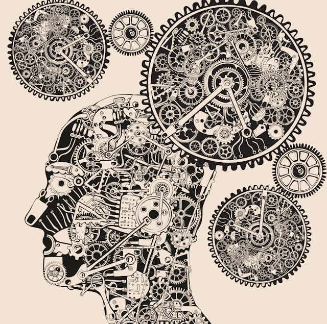 A steampunk style drawing of a human head surrounded by the cogs, wheels and inner workings of three clocks.