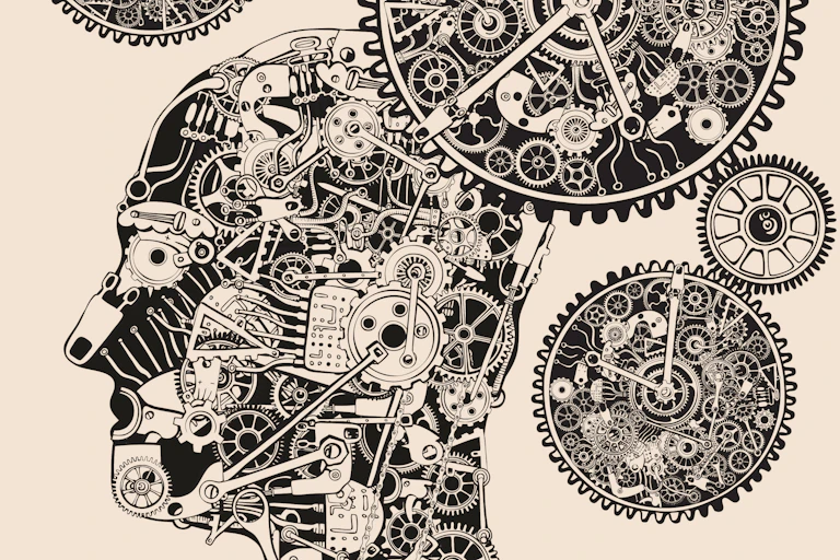 A steampunk style drawing of a human head surrounded by the cogs, wheels and inner workings of three clocks.