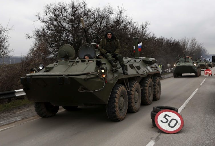 Russian armored personnel carriers travelling in the Crimea, Ukraine.