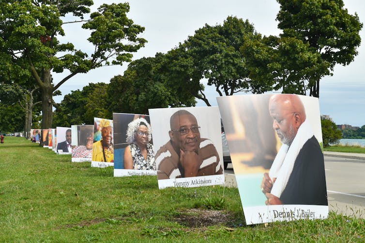 Photographs of people stacked one behind another in a park.