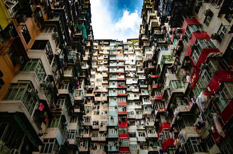 The Yick fat building in Hong Kong, seen from below.