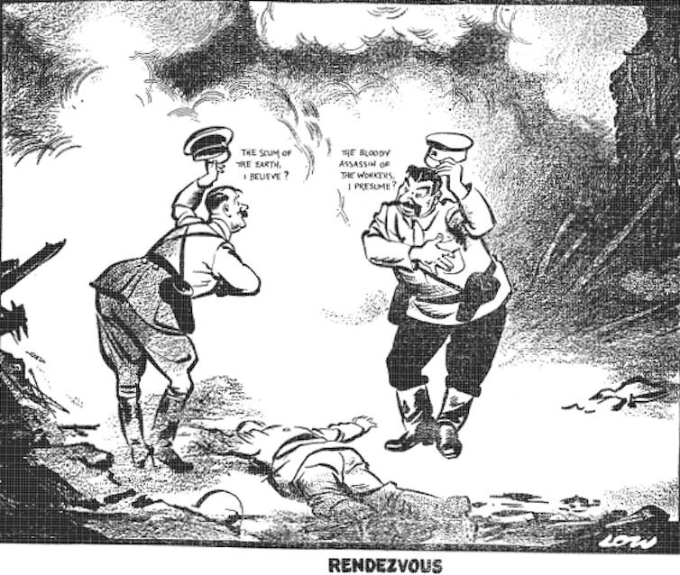 Cartoon shows Adolf Hitler greeting Joseph Stalin with the words 'The scum of the Earth, I believe?' with Stalin replying, 'Bloody assassin of the workers, I presume?'