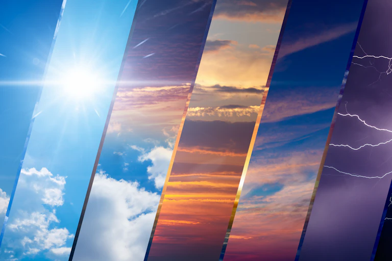 Diagonal images of different weather patterns - from a clear sky to full sun to clouds, lightning and storms - are stitched together into one image.