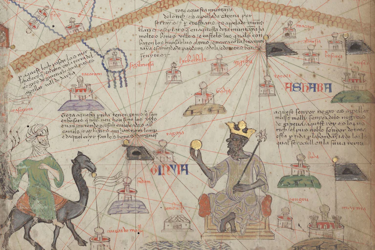 A man wearing a crown and holding a sceptre is approached by a man on a camel, against the backdrop of a map with lines and buildings.